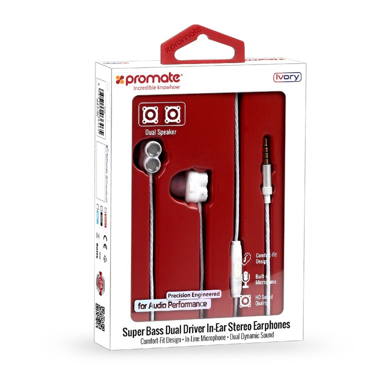 Promate Ivory In-Ear Earphones, Premium Dual-Driver Stereo Earbuds with Dual Dynamic Sound, Built-In Microphone, Anti Tangle Cords and Noise Isolation, Black