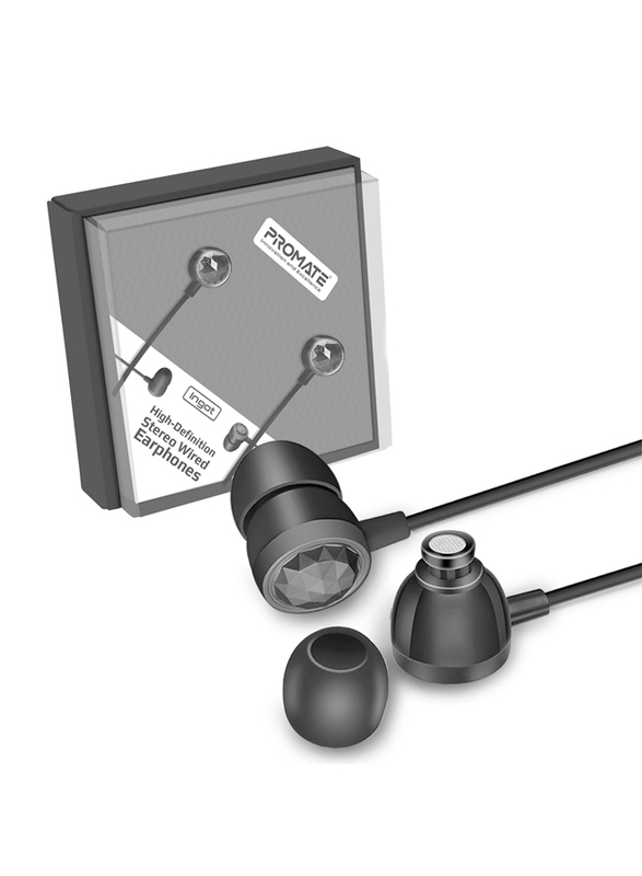 Promate Ingot 3.5mm Jack In-Ear Noise Cancelling Metallic Hi-Fi Stereo Earphones with Built-in Mic, Black