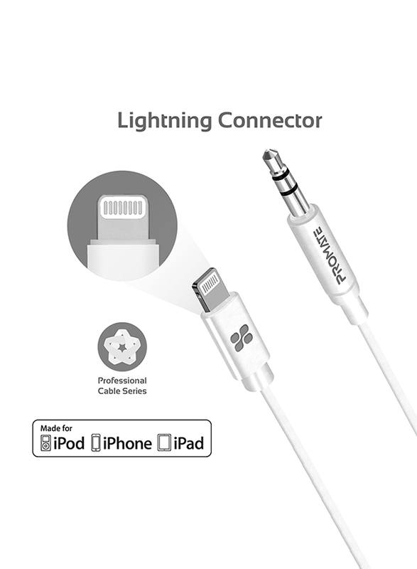 Promate 2-Meter AudioLink-LT2 Lightning AUX Cable, Lightning Male to 3.5mm AUX, Apple MFi Certified, Headphone Jack Adapter Stereo Audio, Digital Analog Converter for Bose/Marshall, White