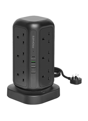 Promate Power Strip with USB-C, 3250W 12 AC Outlets Power Extension, 20W USB-C Power Delivery Port, 18W QC Port, 2 Smart USB Ports, 5 Meter Cable and Surge Protect, PowerTower-5, Black