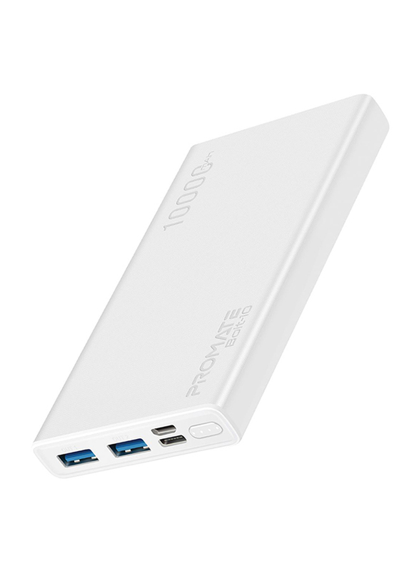 Promate 10000mAh Bolt-10 Portable Fast Charging 2.0A Dual USB Premium Battery Power Bank, with Input USB Type-C Port, Over Charging Protection, White