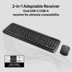 Promate Wireless English Keyboard and Mouse Combo with USB Type-A/USB Type-C Nano Receiver, ProCombo-6, Black