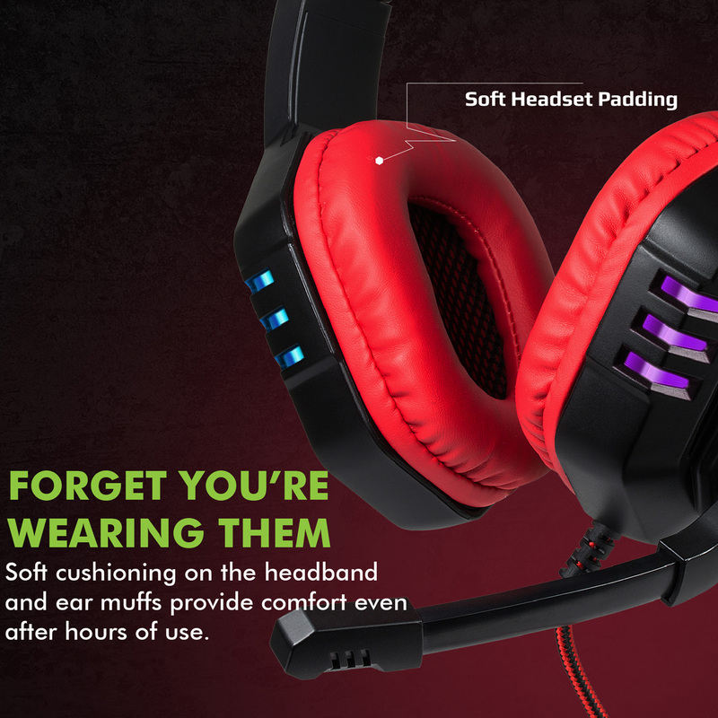 Promate Python Over-Ear Gaming Noise Cancelling Headset, Haptic Feedback with Unidirectional Mic, Soft Memory Earmuffs, Volume Control and LED Light, Red