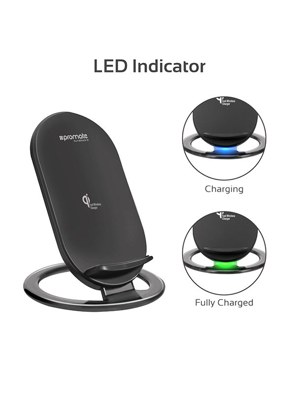 Promate AuraDock-3 Wireless Charger, 15W 2 Coils Qi Wireless Charging Pad with Detachable Stand and Over-Charging Protection for Mobile Phones, Black