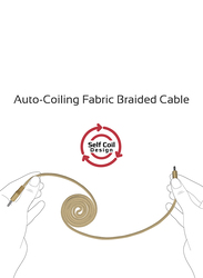 Promate 1.2-Meter Coiline-C Auto-Coiling USB-C Cable, 2A Fast Charge/Sync USB-A to Type-C Cable, with Premium Fabric Braided Aluminium Alloy Reversible Cord for All Type-C Smartphones/Tablet, Gold