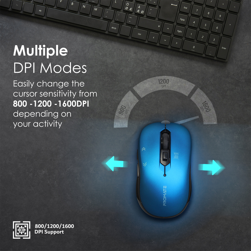 Promate EZGrip Wireless Optical Tracking Mouse with Mini USB Receiver, Blue