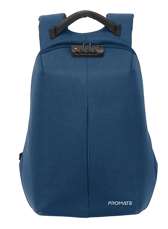 Promate Defender 16 inch Backpack Laptop Bag, Anti-Theft Business Travel, Water-Resistant, USB Charging Port, Adjustable Padded Shoulder, Hidden Secure Pocket and Password Lock, Blue