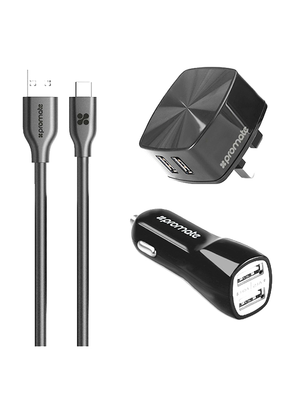 

Promate UniCharger Type-C Charger , 2-Port Fast 3-In-1 Dual USB 2.4A Type-C Wall Charger and 3.1A Car Charger with 1.2m Sync Charge Cable for Mobile P