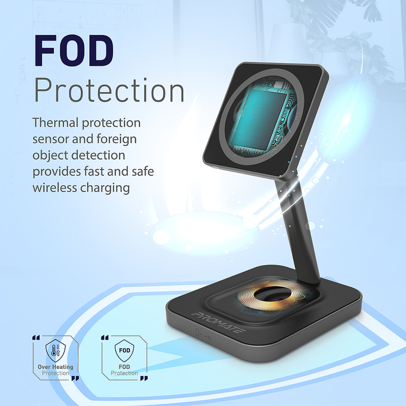 Promate 2-in-1 15W Magnetic Fast Wireless Charger with Adjustable Neck and Anti-Slip 5W Charging Pad, Grey