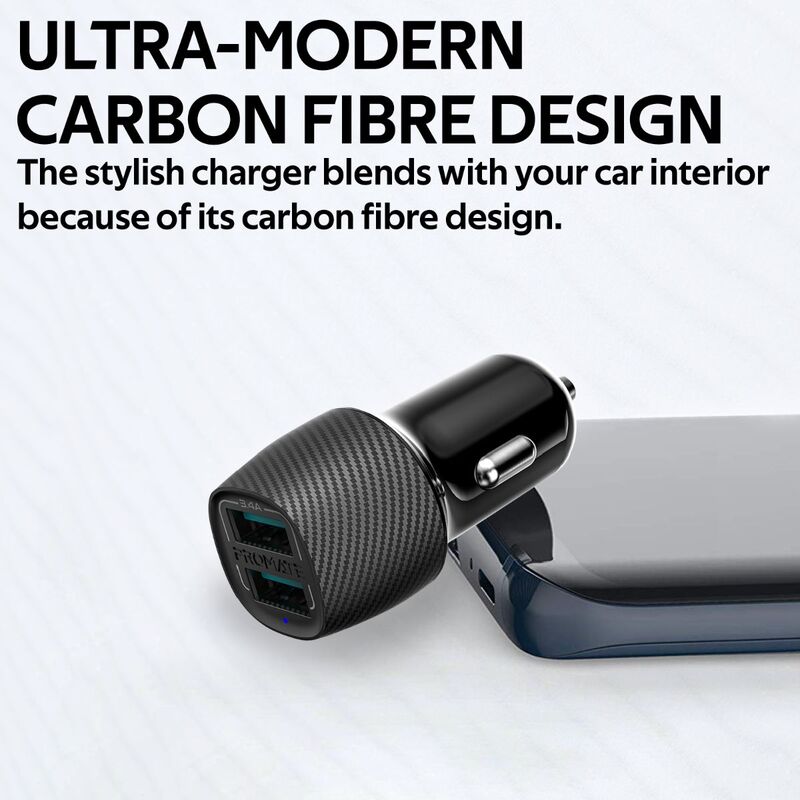 Promate VolTrip Duo 3.4A Fast Charging Car Charger, with Smart Output and Short Circuit Protection, Black