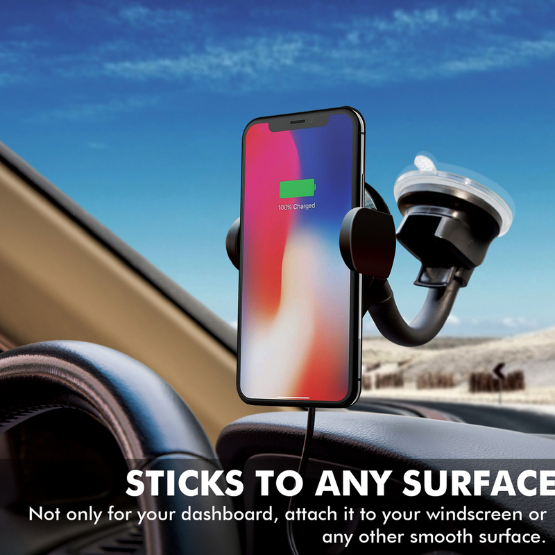 Promate AlphaMount Qi Wireless Car Charger Mount, 10W Fast Charging Car Phone Anti- Slip Holder with Dashboard Windshield Air Vent Mount and 360 Swivel Head, for Mobile Phones, Black