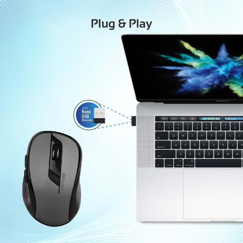 Promate CLIX-7 Optical Wireless Mouse, 2.4Ghz Portable, USB Nano Receiver, 3 Adjustable DPI, 6 Buttons, 10m Working Range and Auto-Sleep Function, Black