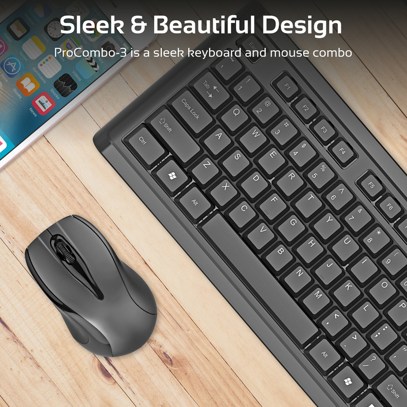 Promate ProCombo-3 Wireless Keyboard and Mouse, Full-Size Super-Slim 2.4GHz Cordless with Nano USB Receiver and Auto Sleep, Black