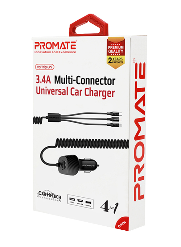 Promate VolTrip-UNI USB Car Charger with Cord, 3.4A Quick Charger Adapter with Built-In 3-in-1 Splitter USB-C, Micro-USB Charging Cable and 2.4A USB Port, for GPS, Mobile Phones and Tablets, Black