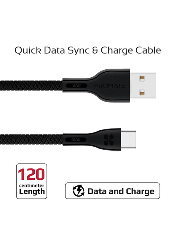 Promate 1.2-Meter PowerBeam-C USB Cable, Durable 2A Ultra-Fast USB-A Male to USB-C, High-Speed Data Transfer, Over-Charging Protection, Over-Charging Protection for Type-C Enabled Devices, Black