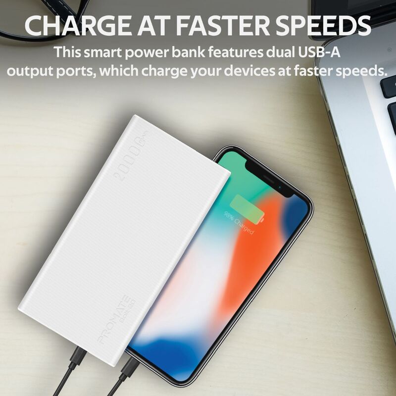 Promate 20000mAh Bolt-20 Fast Charging Portable Power Bank, with 2A Dual USB Port, Over-Charging Protection and USB-C, Micro USB Input Port, White