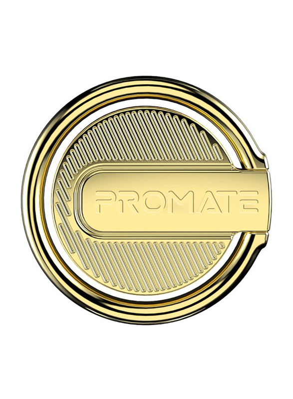 Promate Multifunction Kickstand Finger Ring Phone Holder with Advanced Reusable Adhesive for Smartphones, RinGrip-1, Gold