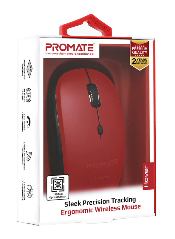 Promate Hover Wireless Sleek Precision Tracking Ergonomic Optical Mouse, Red
