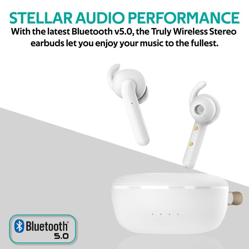 Promate Charisma True Wireless In-Ear Earbuds, Bluetooth 5.0, Stylish TWS Stereo with Touch Control, Charging Case, Anti-Drop Ear Hooks, 24H Playtime and Built-In Mic, White