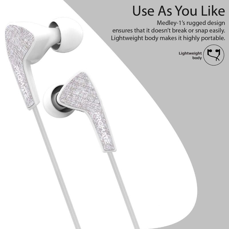 Promate Medley-1 Sports In-Ear Headphones, Premium Hi-Fi Stereo, Noise-Isolation with Microphone, Crystal Sound and Anti-Tangle Wires for Workout, White