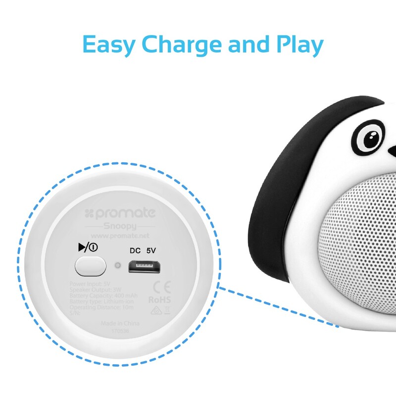 Promate Snoopy Wireless Speaker, Portable Kids Bluetooth v4.1 Speaker with HD Sound Quality, Hands-Free Call Function and Cute Dog Design, White
