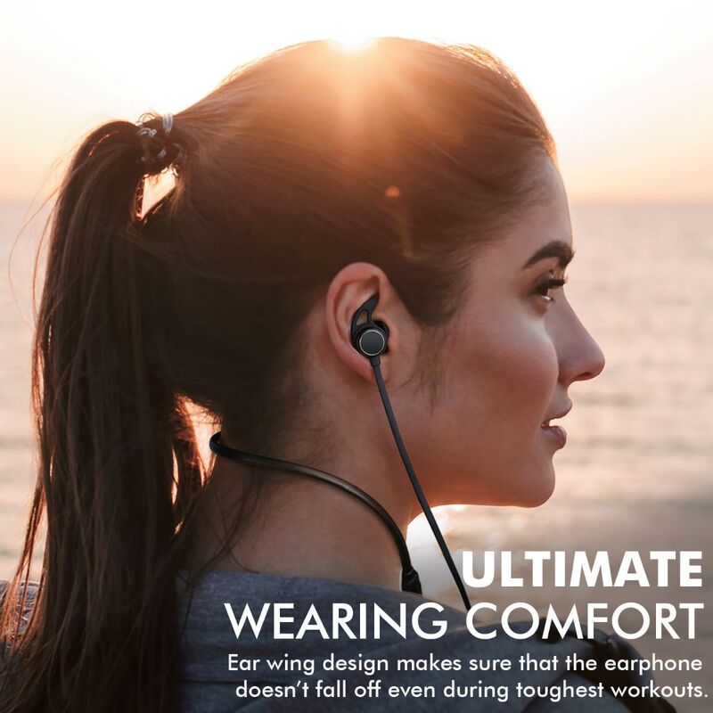 Promate Flow Wireless Bluetooth v5.0 Stereo Music Noise Cancelling Neckband Headphone with Lightweight IPX4 Water-Resistant, Built-In Mic, Multi-Point Pairing and Secure Fit Design, Black