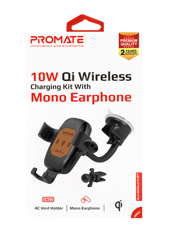 Promate AuraMount-BT Qi-Certified Wireless Car Charger, Auto Clamping 5W/7.5W/10W Fast Charger Car Mount with Wireless Mono Headset, Built-In Mic and 360 Degree Swivel Head, for Mobile Phones, Beige