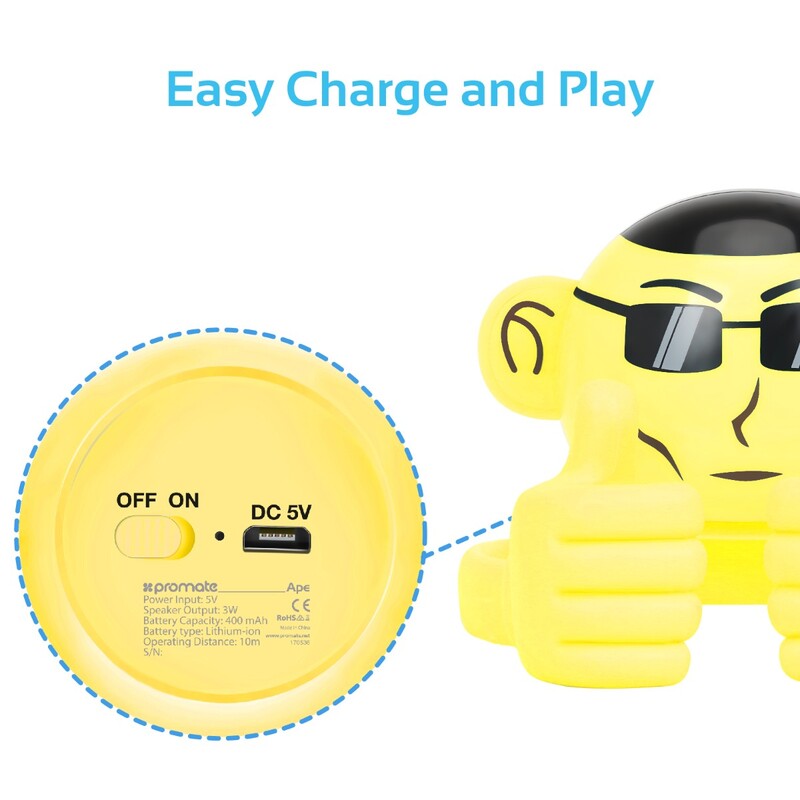 Promate Ape Bluetooth Speaker, Portable Monkey Shape Multifunction Wireless with 3.5mm Audio Jack and Thumbs-up Adjustable Flexible Smartphone Holder, Yellow
