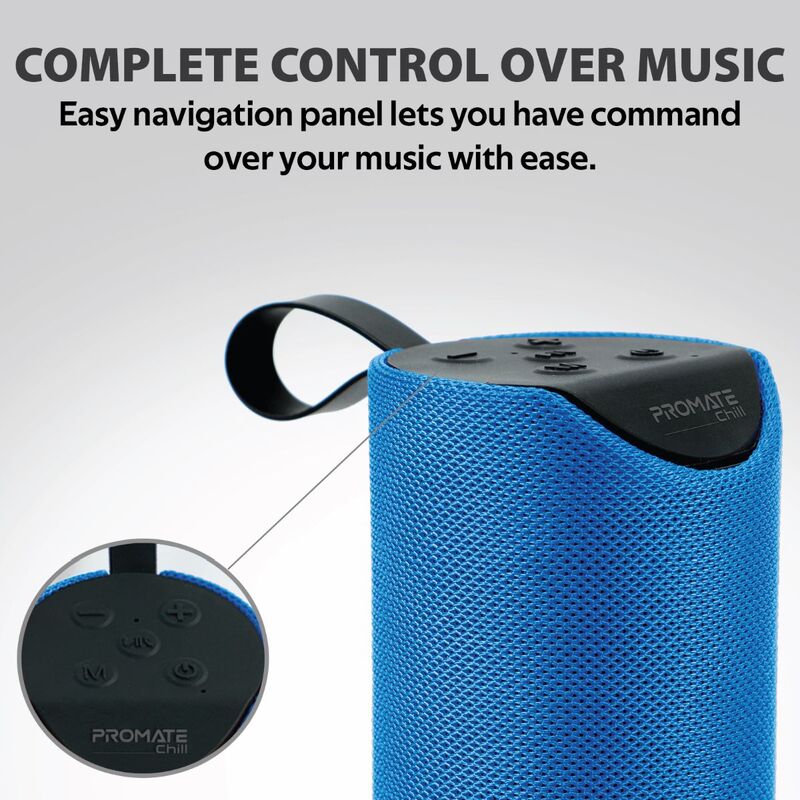 Promate Chill Portable Wireless Bluetooth v5.0 Stereo Speaker with 6W HD Sound, Built-In Mic, Micro SD Card Slot, In-Line AUX and 1200mAh Rechargeable Battery, Blue