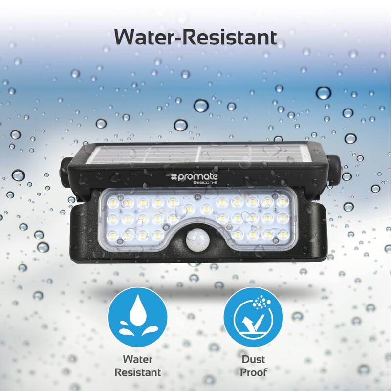 Promate Beacon-3 LED Solar Light, Wireless IP65 Water-Resistant Solar Spotlight Auto On/Off Wall Light, Dual Light Mode, 500 Lumen LED Light and PIR Motion Sensor for Patio/Deck/Yard/Garden, Black