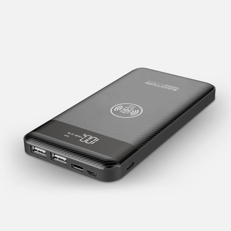 Promate 10000mAh AuraPack-10 Wireless Power Bank, Qi Wireless Charger with Lightning and Micro-USB Input, LED Display, Dual USB Output, 2-way Type-C Charging Port for USB Enables Devices, Black