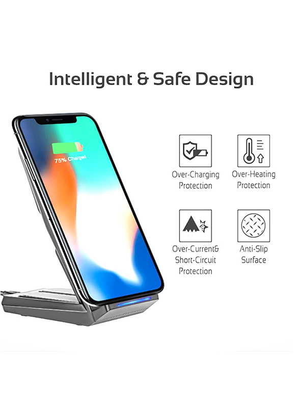 Promate Auradock-4 Qi Wireless Charger, 10W 2-In-1 Wireless Adaptive Fast Charging with Dual Coil, Multi-Angle Charging Stand, Anti-Slip Base and Over Current Protection for Mobile Phones, Black