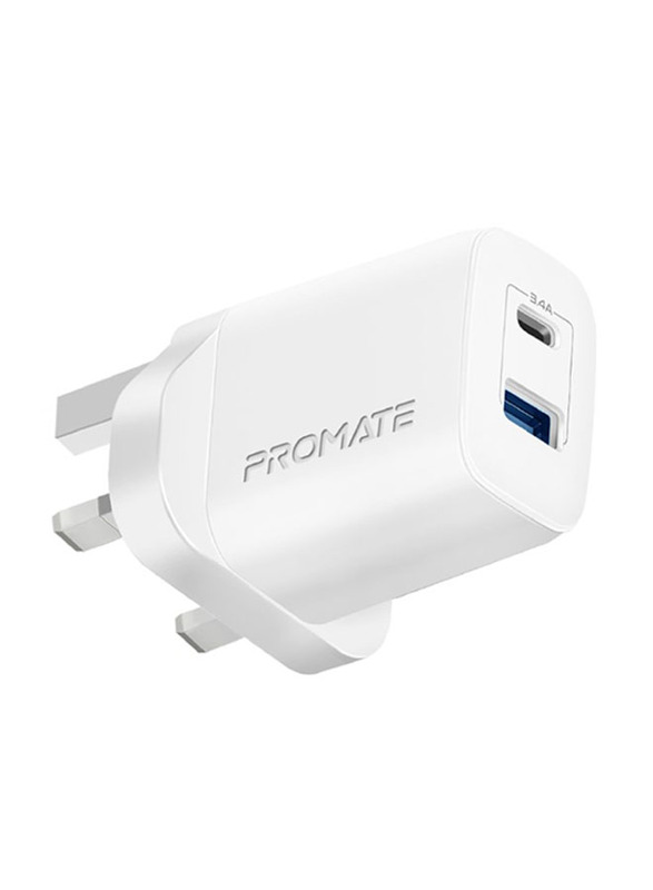 Promate USB-C UK Wall Adapter, Universal 17W Multi-Port Charger with 5V/3A Type-CPort, 5V/2.4A USB-A Port, BiPlug-2 UK, White