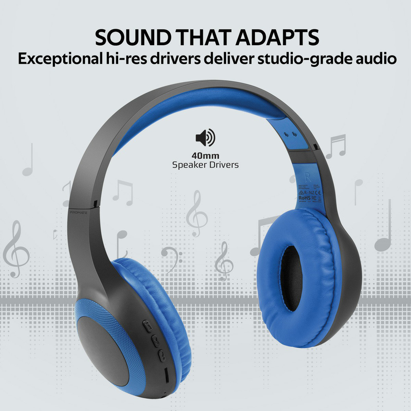 Promate Laboca Wireless Over-Ear Deep Bass Headphones with Built-in Mic, MicroSD Card Slot, Blue