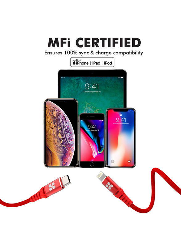 Promate 1.2-Meter PowerCord Lightning Cable, USB Type-C Male to Lightning Cable, Heavy Duty 29W Power Mesh-Armoured, Apple MFi Certified, Fast 3A Sync/Charge for Smartphones/Tablets/Laptops, Red