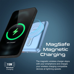 Promate 10000mAh Magnetic Wireless Power Bank with 15W Magnetic Wireless Charger 20W USB-C Power Delivery Port, 18W QC 3.0 Port and Foldable Stand for iPhone 13, iPad Air PowerMag-10Pr, Blue
