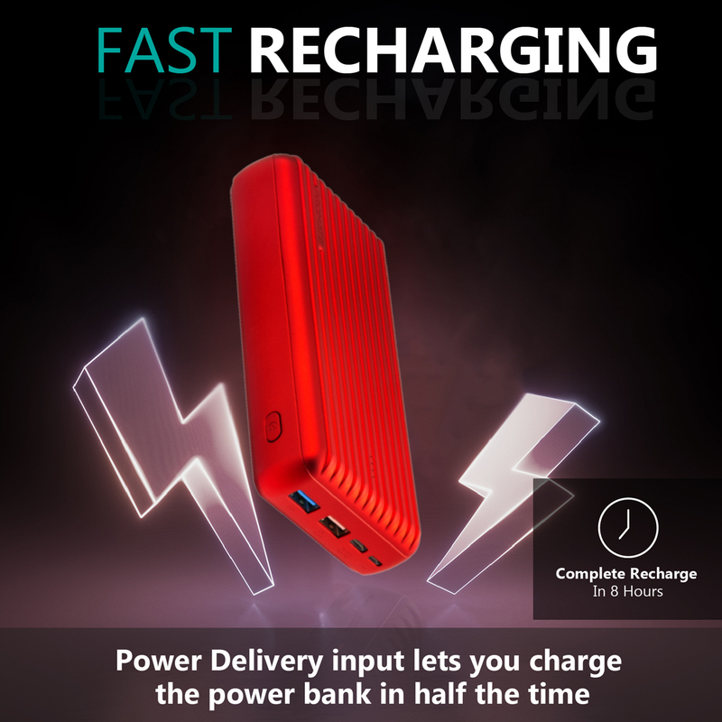 Promate 30000mAh Titan-30 USB-C Two Way 18W Portable Charger Power Bank, Qualcomm Quick 3.0 Port and Fat 2.4A USB Port, Red