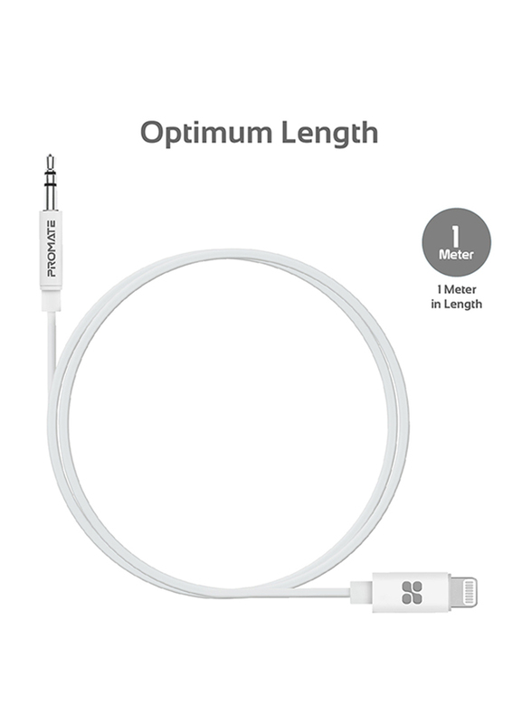 Promate 1-Meter AudioLink-LT1 Lightning AUX Cable, Lightning Male to 3.5mm AUX, Apple MFi Certified, Headphone Jack Adapter Stereo Audio, Digital Analog Converter for Bose/Marshall, White