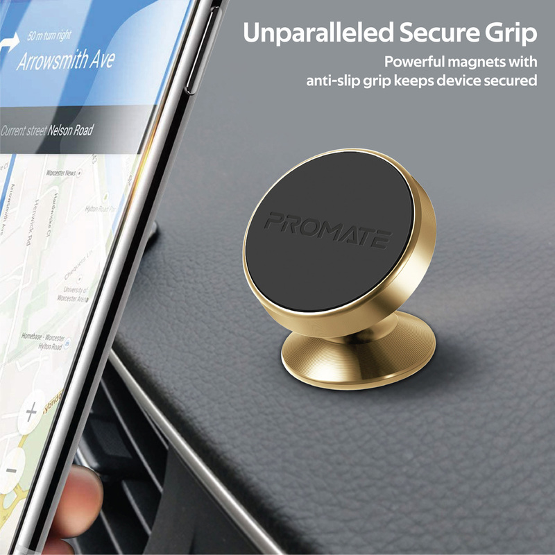 Promate Magnetto-2 Magnetic Car Smartphones/Tablets Holder, Multi-Angle 360° Metallic Magnetic Mount with Anti-Slip Surface, Fast Swift-Snap Technology, Gold