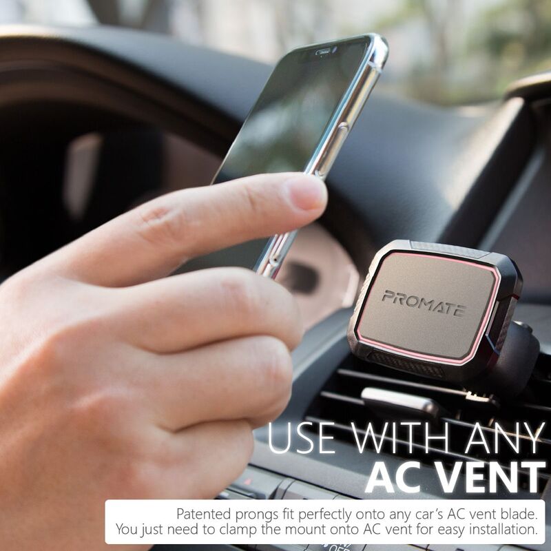 Promate AirGrip Magnetic AC Vent Car Phone Mount, Universal with Built-In 6 Strong Magnets, Anti Slip Surface and 360 Rotation Air Vent, Maroon
