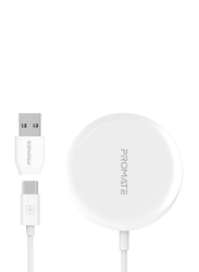 Promate AuraMag-15W Fast Charging Qi Magnetic Charging Pad with Dual USB-C/USB-A Connector for iPhone 12/12 Mini/12 Pro Max/12 Pro and Qi Wireless Charging Enabled Device, White