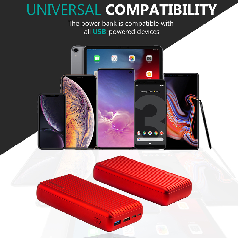 Promate 30000mAh Titan-30 USB-C Two Way 18W Portable Charger Power Bank, Qualcomm Quick 3.0 Port and Fat 2.4A USB Port, Red