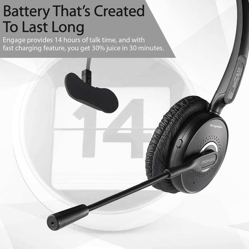 Promate Engage Wireless Bluetooth Over-Ear Noise Cancelling Computer Mono Headset, with Mic, HD Voice, Built-In Controls and Adjustable Fit, Black