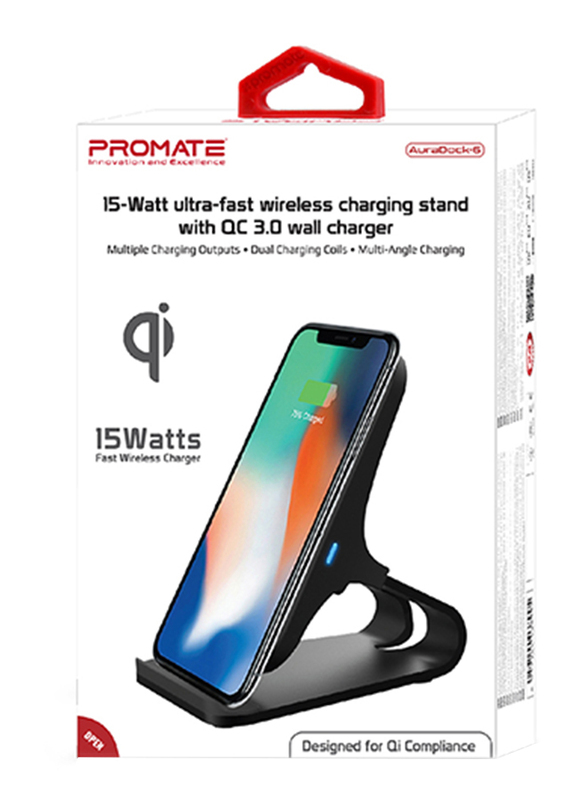 Promate AuraDock-6 Qi Wireless Charging, Fast 15W Wireless Charging Pad Stand with Dual Charging Coil, QC 3.0 Wall Charger, USB-C Sync Charge Cable and Multiple Charging Area, for Mobile Phones, Grey