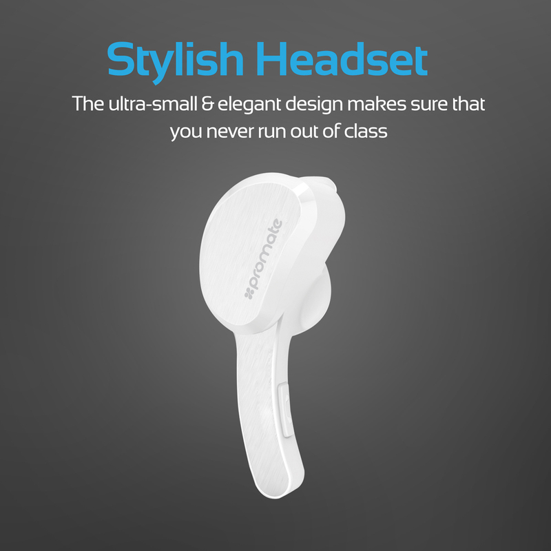 Promate Aural Bluetooth Earphone, Ultra-Light Multi-Point Pairing, Mono Bluetooth Headphone with Mic, White