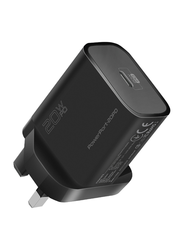 Promate UK Plug Wall Charger with 20W PD and USB Type-C Port for Smartphones, PowerPort-20PD, Black