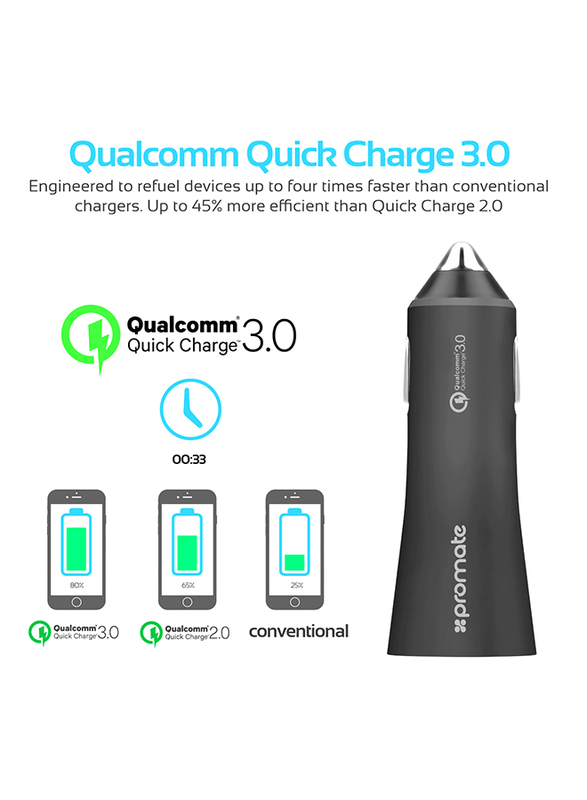 Promate Robust-QC3 Car Charger, Heavy-Duty Qualcomm Quick Charger 3.0 Dual USB Port Car Charger with Short Circuit and Over Charging Protection for GPS, iPod, Mobile Phones and Tablets, Black