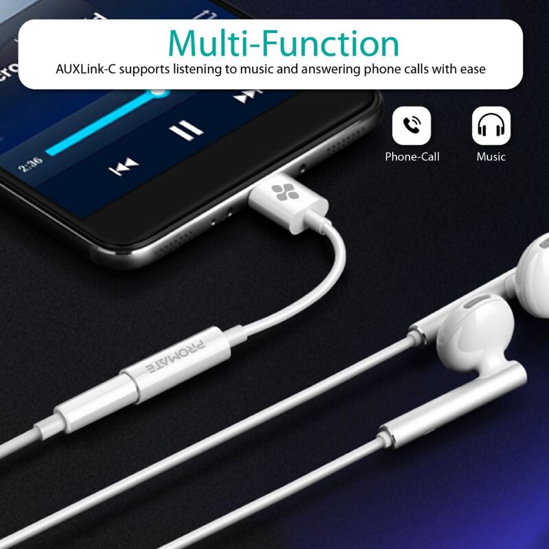 Promate AUXLink-C 3.5mm Audio Jack Adapter, USB Type C Male to 3.5mm Headphone Jack Female, HD Sound Audio Cable for Google Pixel 2, 3, XL/Samsung/Essential/Huawei/Moto/OnePlus/HTC/Xiaomi, White