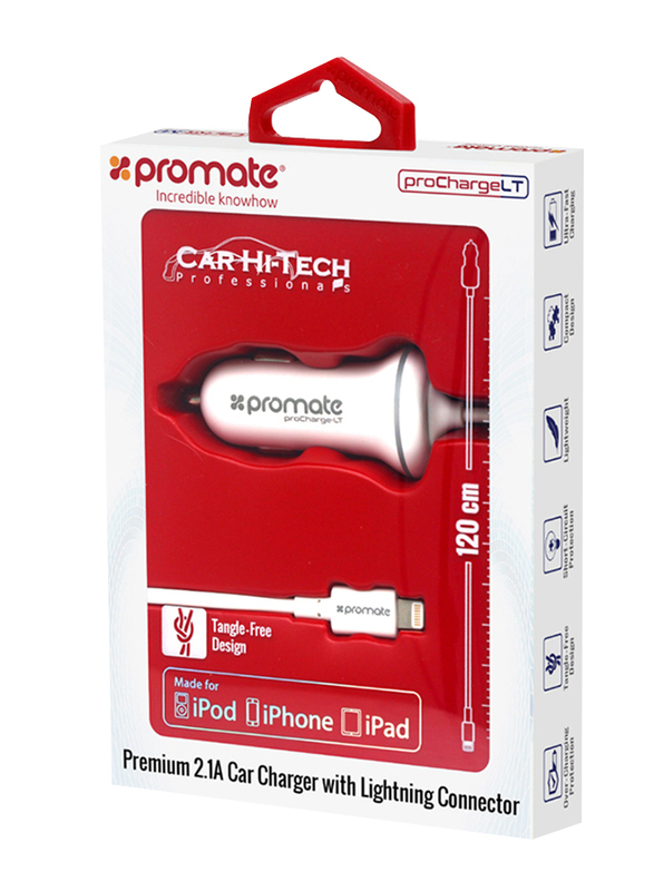 Promate ProChargeLT iPhone Car Charger, 2.1A Ultra Compact Apple MFi Certified with 3 Feet Lightning Connector Cable and Short-Circuit Protection for Apple Devices, White