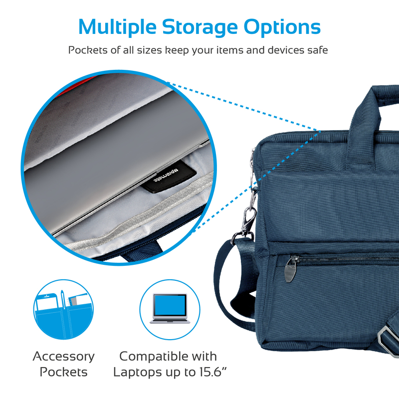Promate Apollo-MB Messenger Bag Laptop, Multifunction Shoulder Bag with Multiple Storage Pocket, Detachable Sling and Water-Resistance for 15.6 Inch Laptops, Tablet, Blue